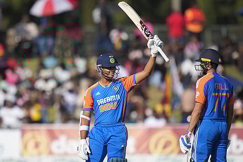 Yashasvi Jaiswal celebrates after scoring 50 runs
